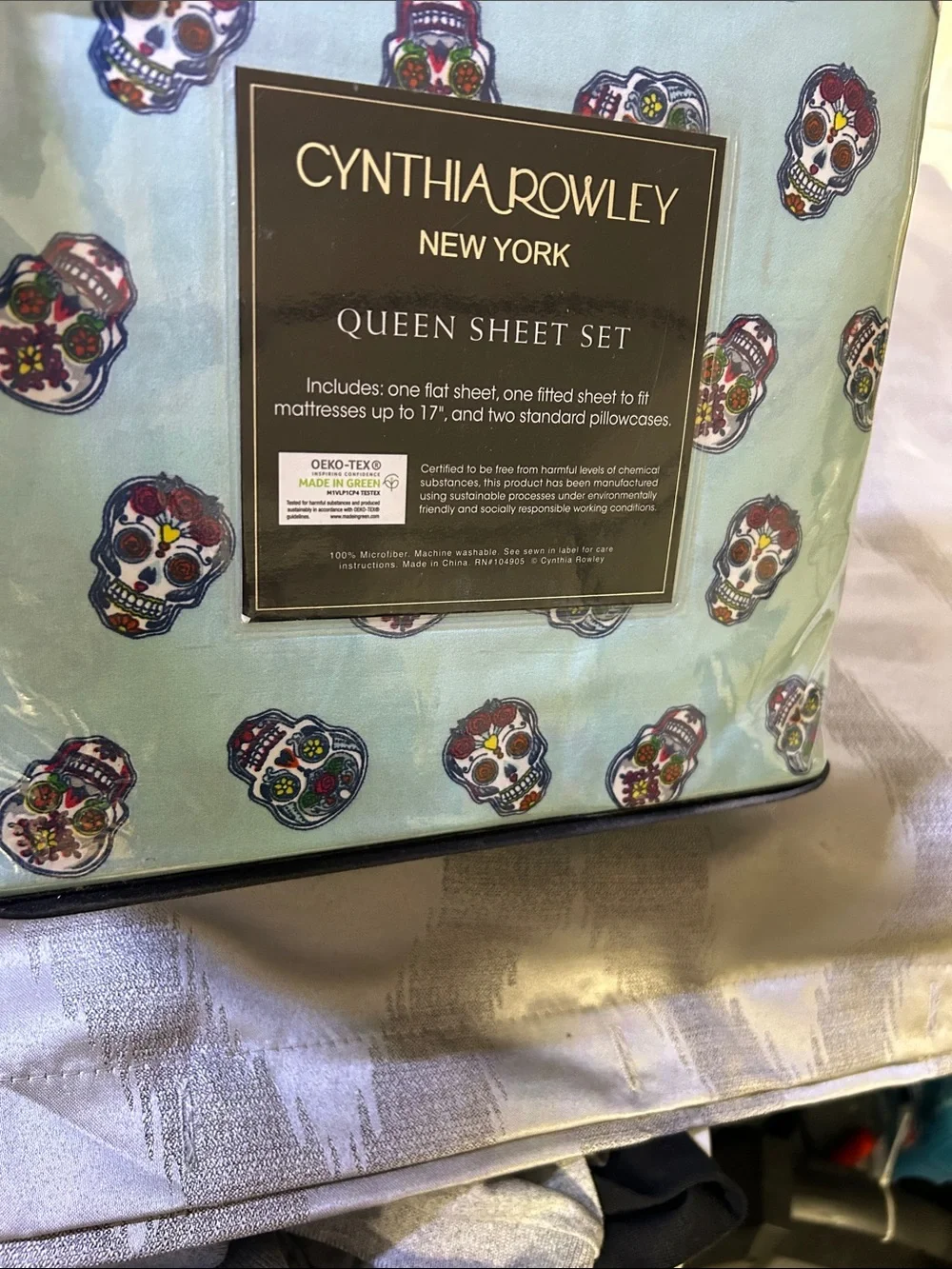 Cynthia Rowley Light Blue Queen Sheet Set with Sugar Skull Print